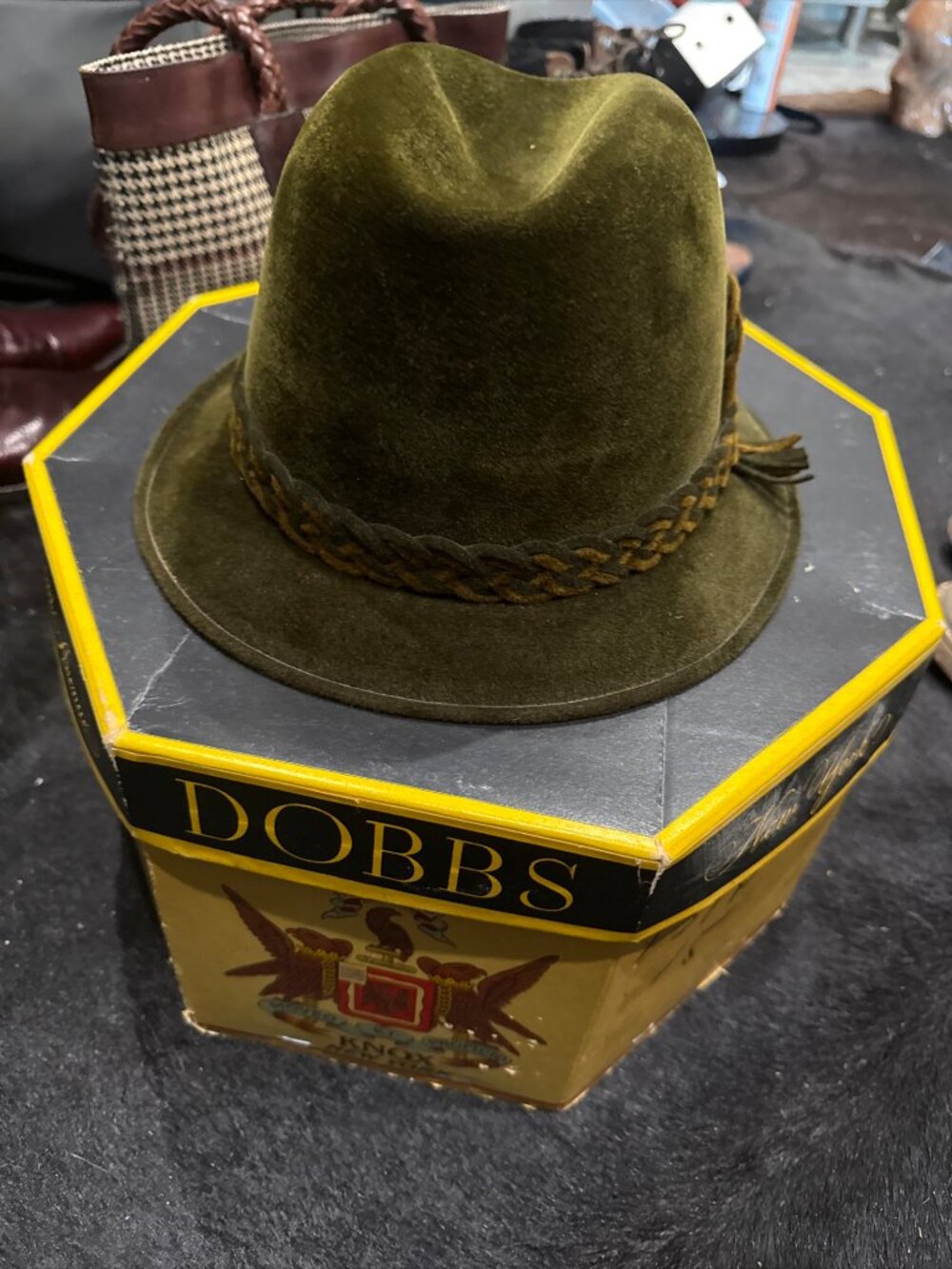 Vintage Dobbs Twenty 20 olive green fedora hat size 7 1/4 Gimbels Mad Men Era